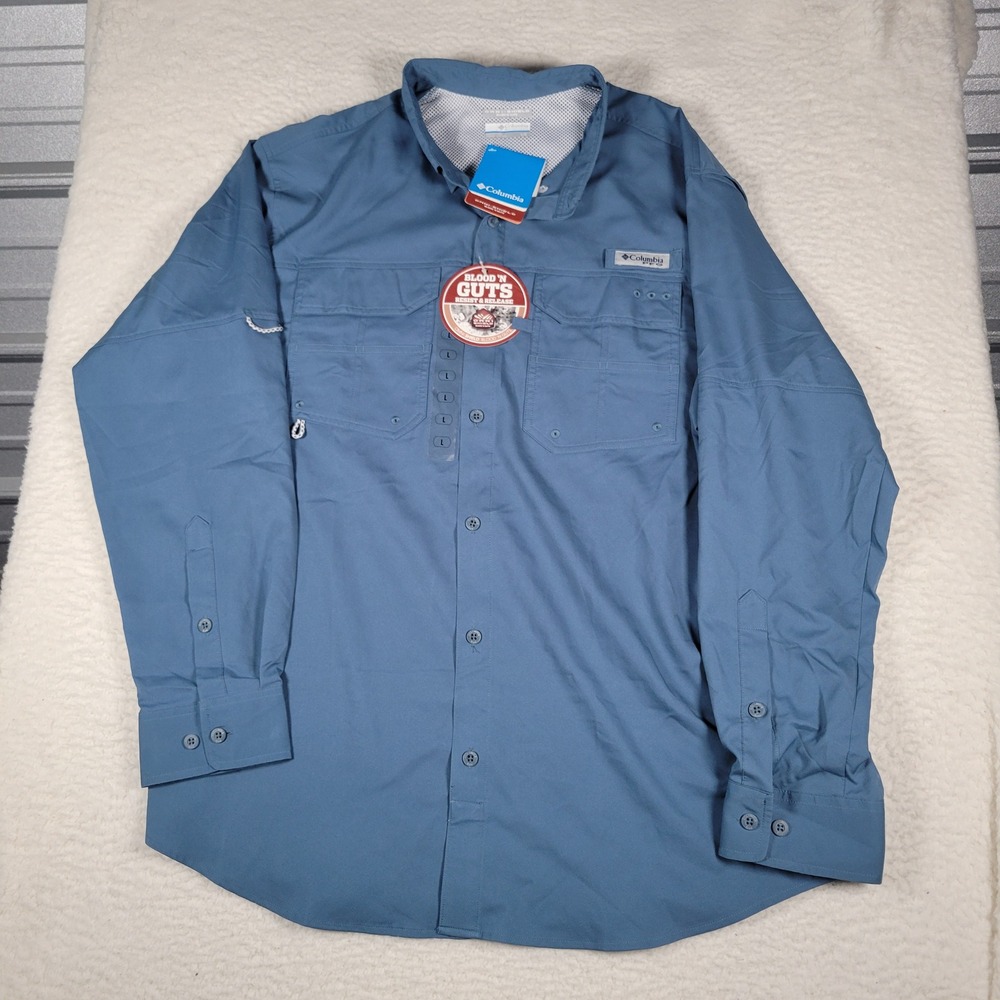 Columbia PFG Shirt Mens Large Blue Blood and Guts III LS Fishing FM7046-407 NWT